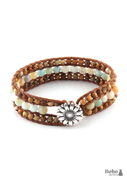 Boho Bracelet, RH Leather Wrap Bracelet, Blue Amazonite Lotus